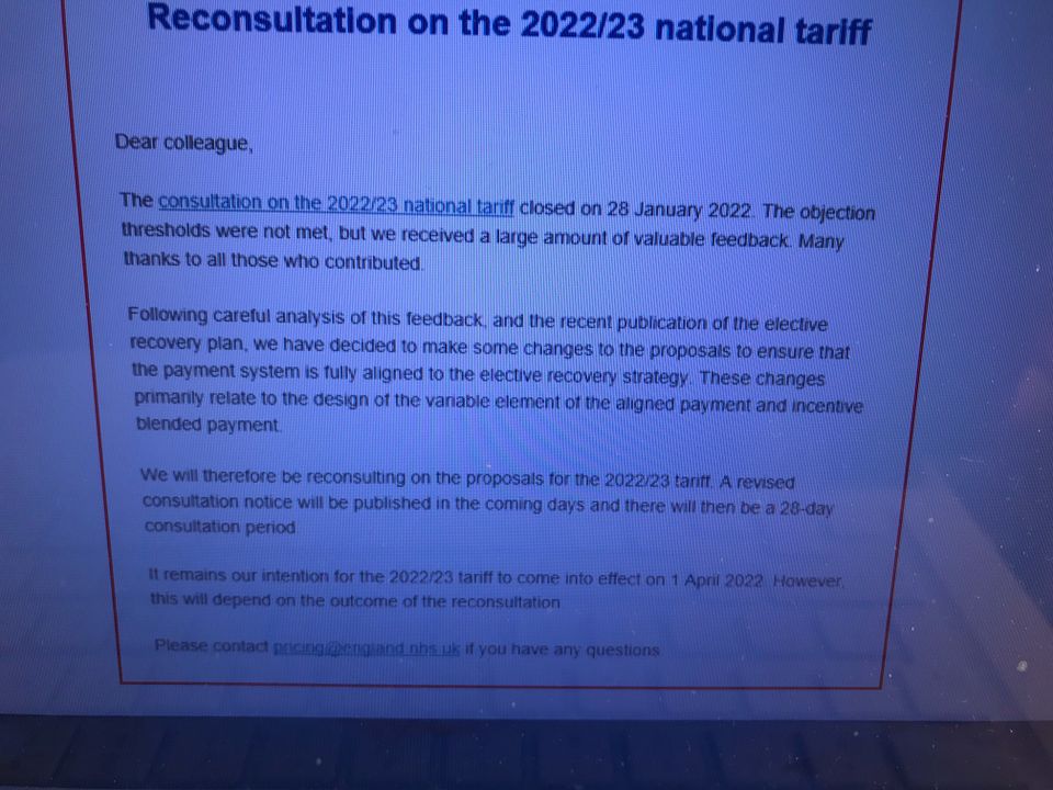 Cowper's Cut update: Ooops! NHSE did it again. NHS tariff withdrawn weeks before the new financial year